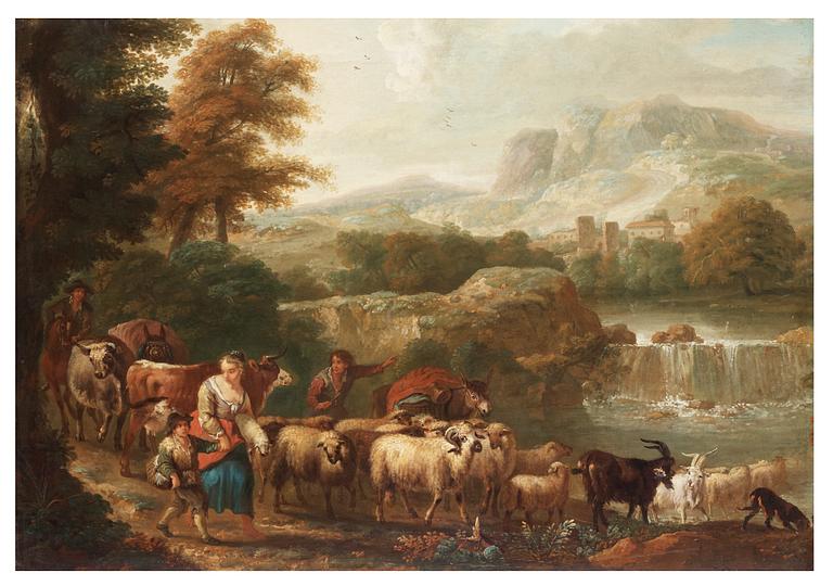 Abraham Jansz. Begeyn Circle of, ABRAHAM JANSZ BEGEYN, Oil on canvas, Company with livestock.