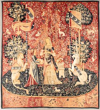 Tapestry ""La Dame à la licorne". After original in Musée de Cluny, Paris, Ed d'art de Rambouillet approx. 222x199 cm.