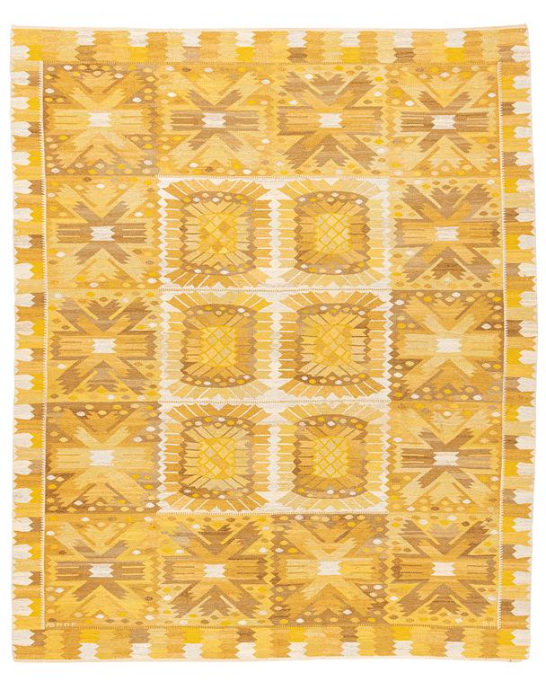 Barbro Nilsson, a carpet, "Nejlikan gul", flat weave, ca 334,5 x 279 cm, signed AB MMF BN.