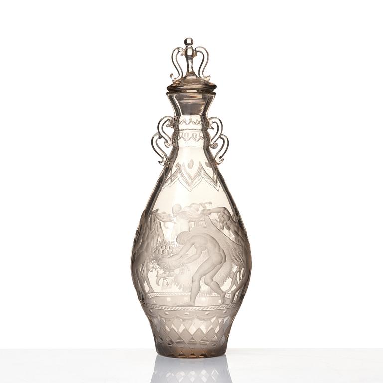Simon Gate, an engraved glass decanter with stopper, Orrefors 1926, model 234.