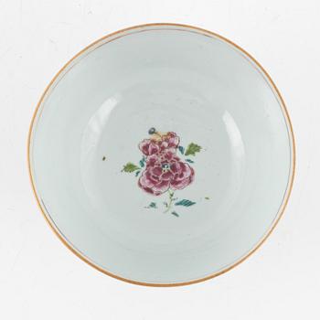 A famille rose dish, sauce boat and bowl, Qing dynasty, 18th Century.