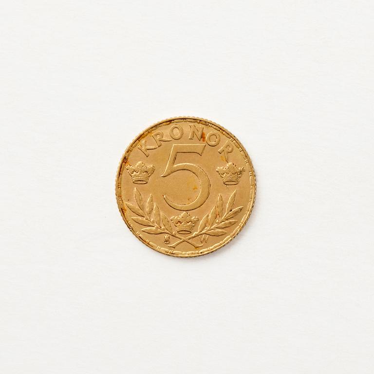 Gold  coin, Gustav V, Sweden, 5 kronor, 1920.