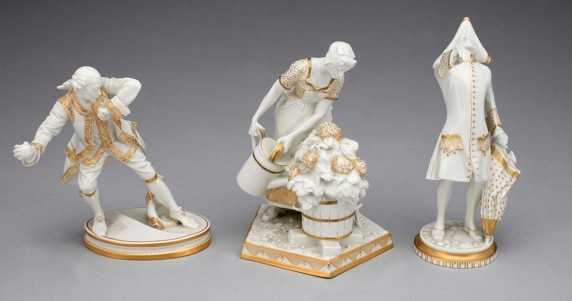 FIGURINER, 3 st, porslin, rokokostil, Bing & Gröndahl, 1900-talets första hälft.