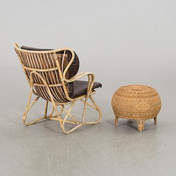 A BAMBOO ARMCHAIR WITH STOOL.