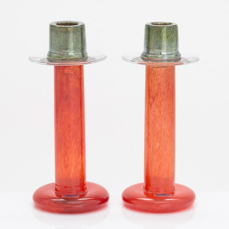 Oiva Toikka, a pair of glass candlesticks, signed Oiva Toikka Nuutajärvi Notsjö.