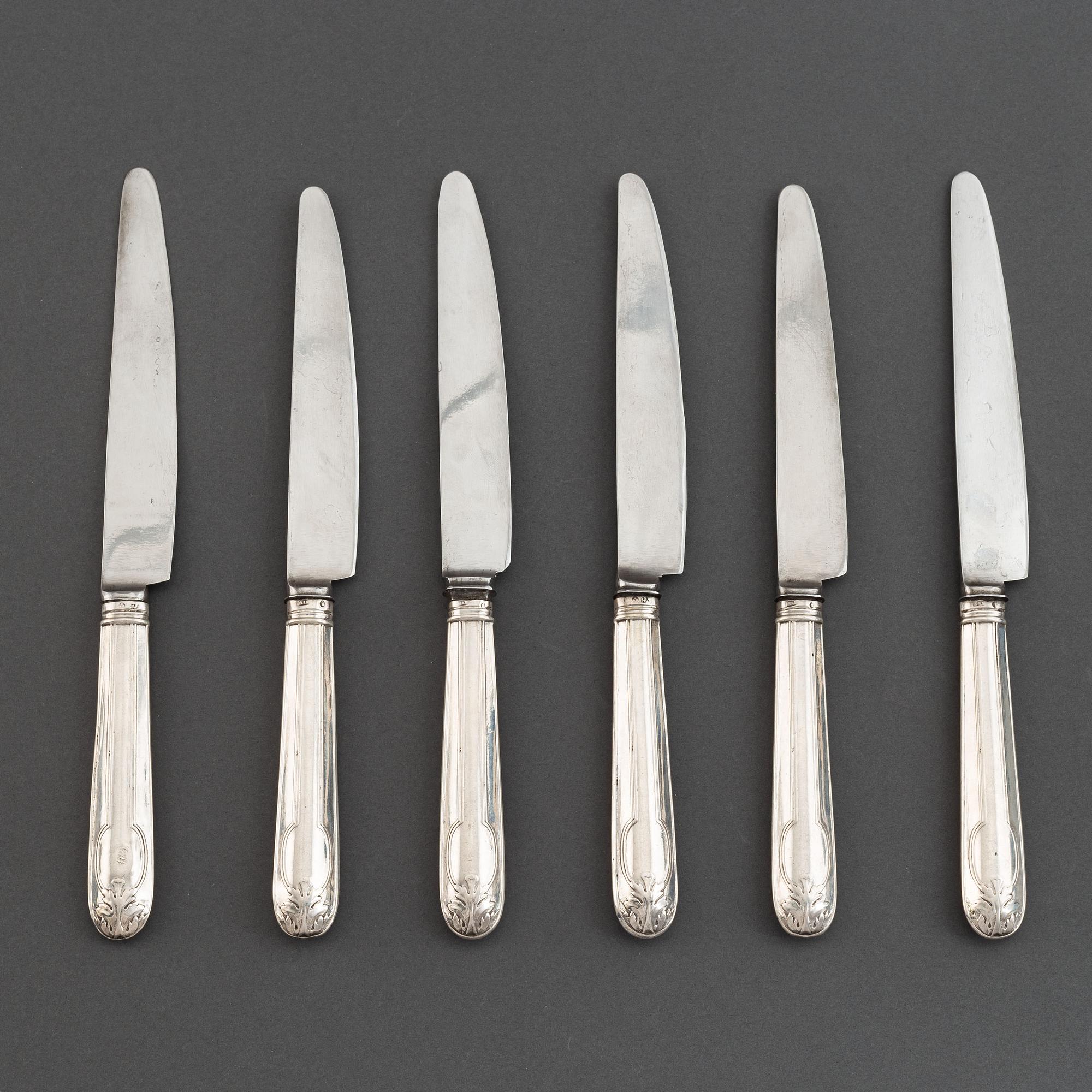 AI Björkman, matknivar, 6 st, silver, Gammal Fransk,  Stockholm 1829.
