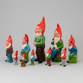 A collection of ten painted ceramic gnomes, partly from DDR, former East Germany, mid 20th century.