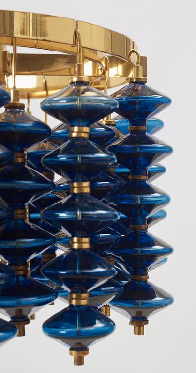 A Hans-Agne Jakobsson brass and blue glass ceiling lamp, Markaryd, Sweden 1960's-70's.