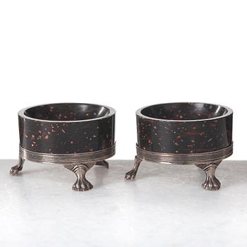 A pair of late Gustavian porphyry and silver salts. Silver maker's mark by Adam Tillström, Växjö 1799.