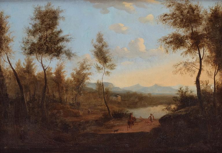 Unknown artist, 18th Century, Landscape with figures and riders beside a manor, a pair.