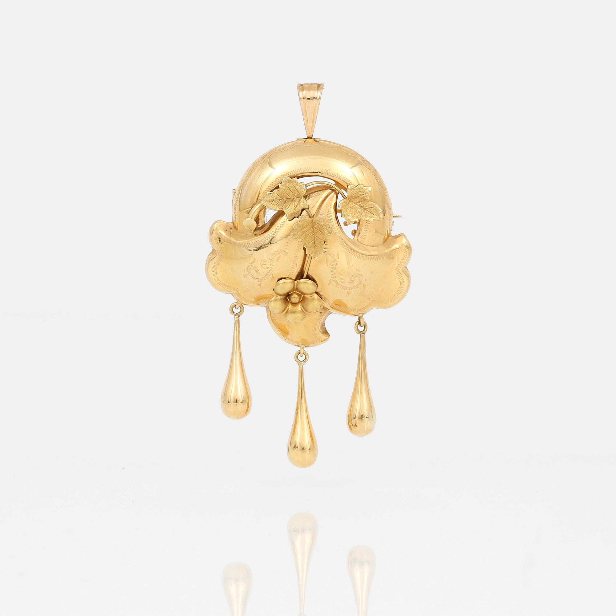 HÄNGE/BROSCH, 18K guld, otydliga stämplar, Stockholm, 1900-talets första hälft. Vikt ca 7g.