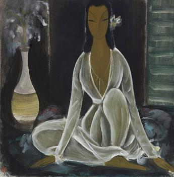 1028. Lin Fengmian, 'Lady in white with vase'.
