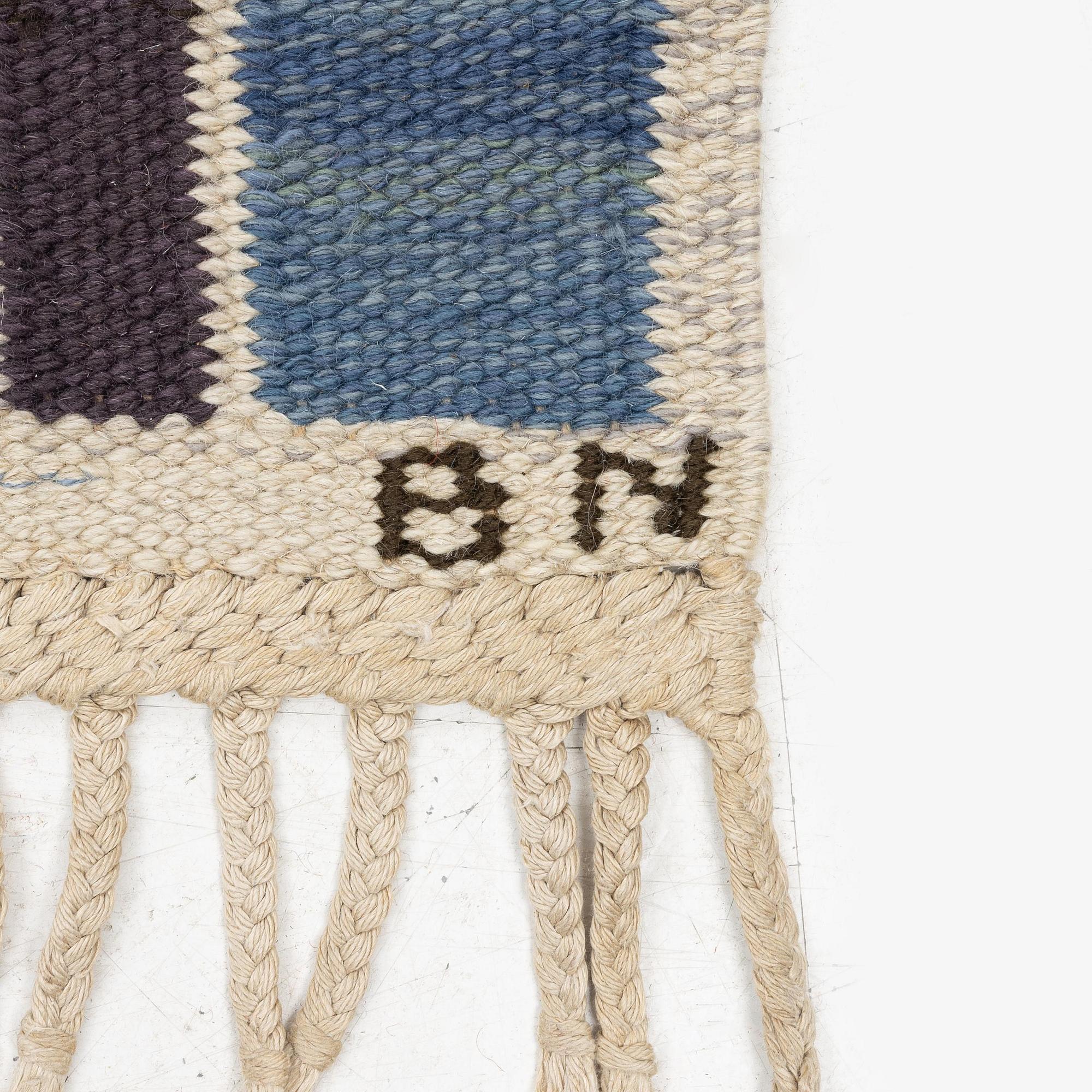 Barbro Nilsson, a carpet, 'Salerno blå', flat weave, c. 245 x 182 cm, signed AB MMF BN.