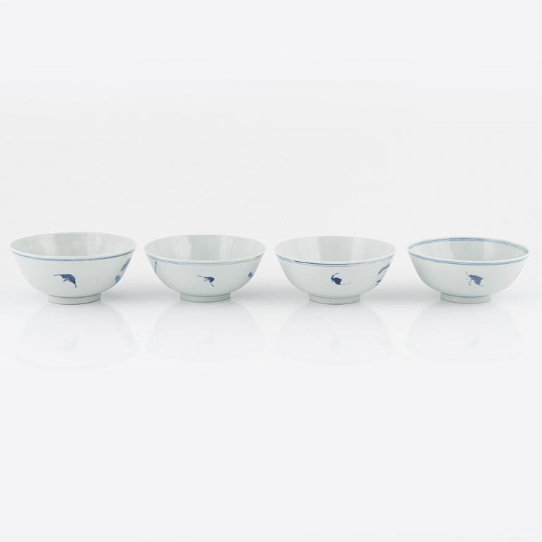 A set of four Chinese blue and white bowls, Qing dynasty, 19th century.