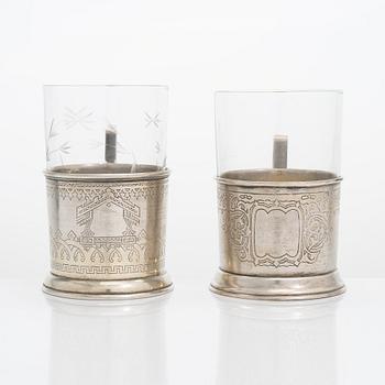 Two 19th-century silver tea glass holders, Moscow 1879 and 1894.