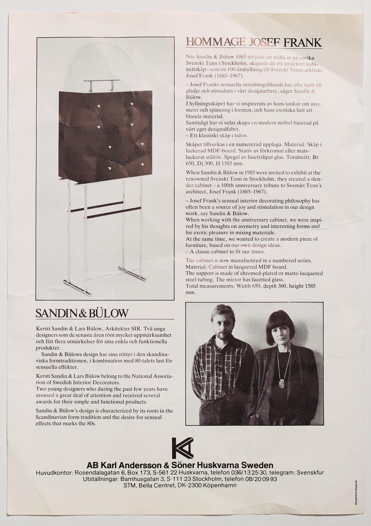 Kersti Sandin & Lars Bülow, a "Hommage Josef Frank", cabinet for Karl Andersson & Söner, Husqvarna, Sweden 1985.