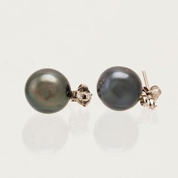 Earrings, a pair of 18K white gold with cultured pearls and round single-cut diamonds.