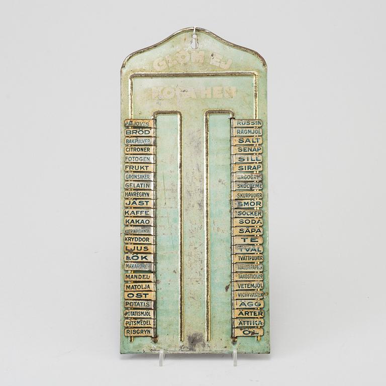 INKÖPSSKYLT, plåt, 1900-talets mitt.