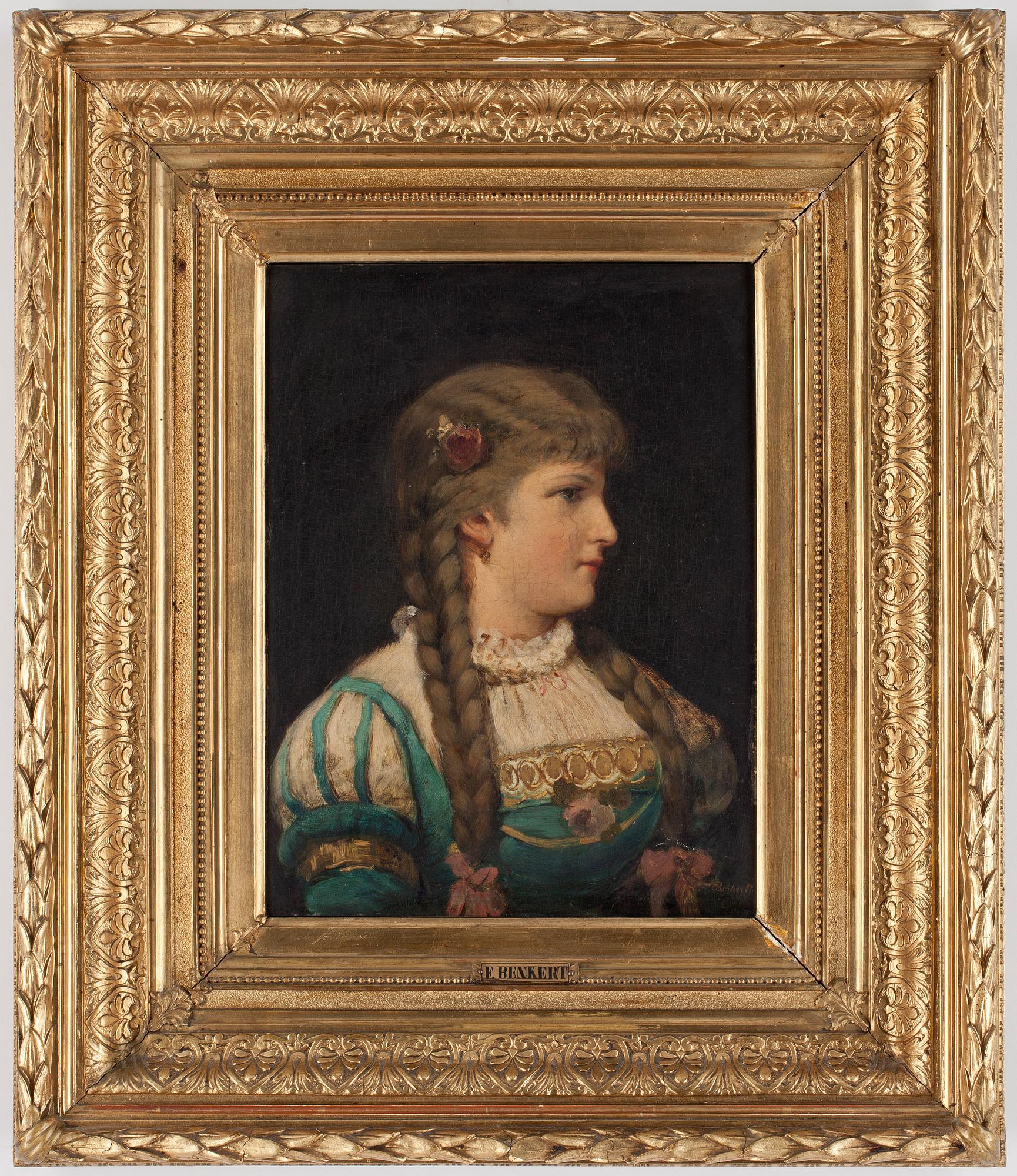 OKÄND KONSTNÄR, olja på pannå, 1800-tal, sign F Benkert.