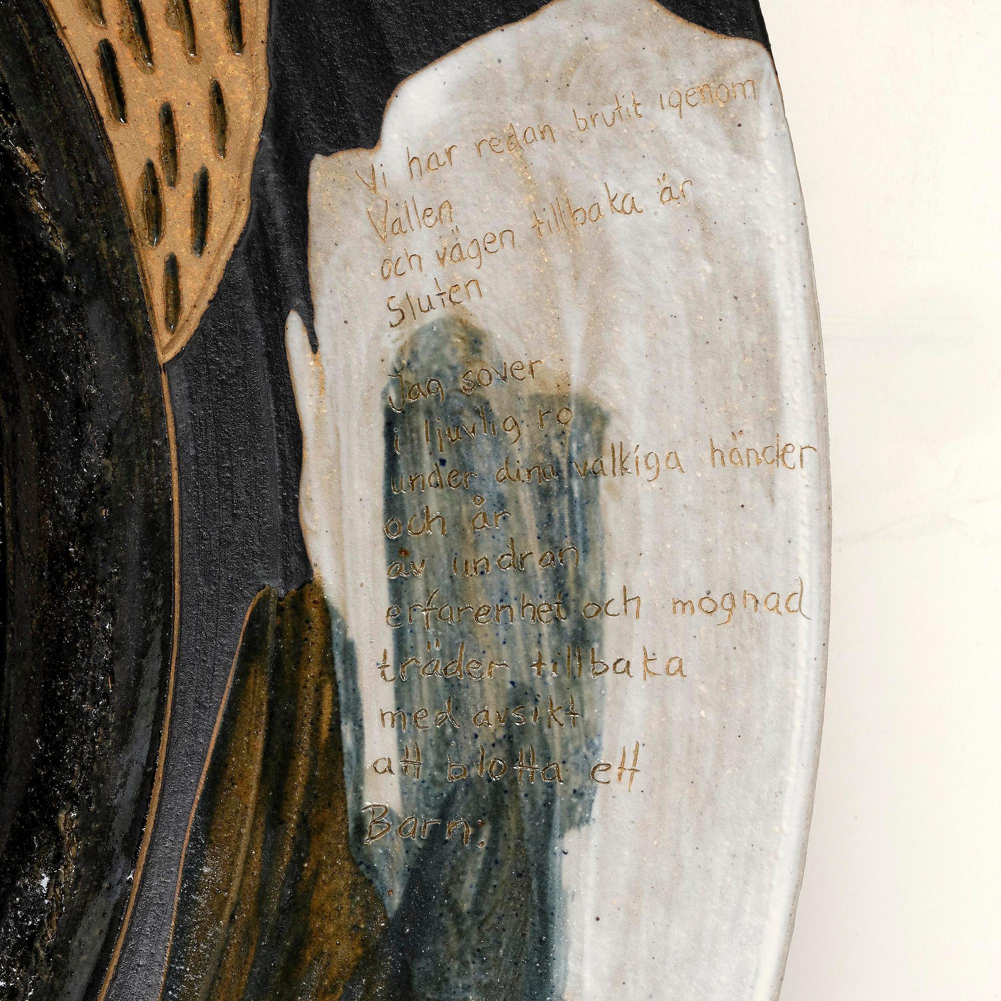 Eva Bengtsson, a large decorative chamotte stoneware dish, own studio, Frillesås, 1990s.