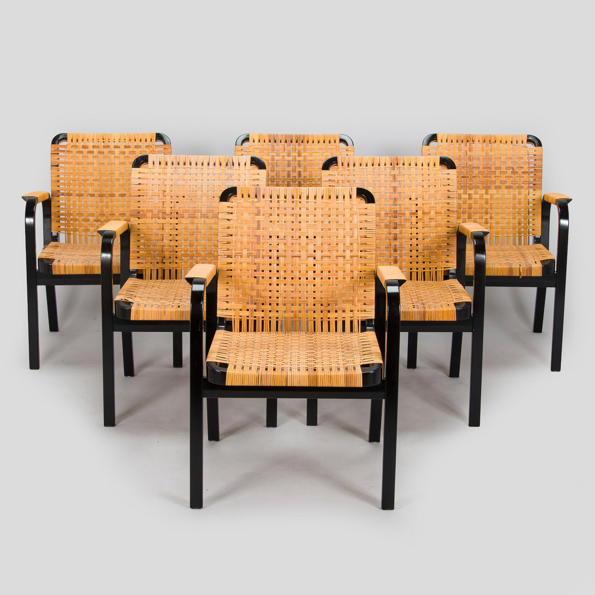 Alvar Aalto, karmstolar, 6 st, modell 45, för Artek 1970-tal.