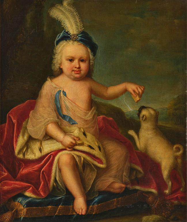 Nicolaes Maes, hans krets, Porträtt av en pojke i hermelinfodrad mantel och mops.