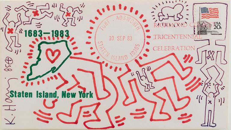 KEITH HARING, Envelope with Figures, pen and blue ink and felt-tip marker and red ink on printed postal envelope, 1985.