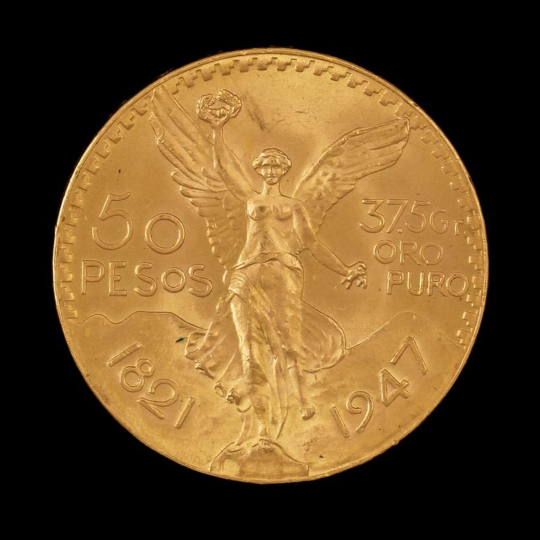 MYNT, 21k guld, 50 pesos, 1949-1972, tot v 42 g.