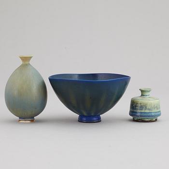 BERNDT FRIBERG, two stoneware miniature vases and a bowl, Gustavsberg studio, Sweden.