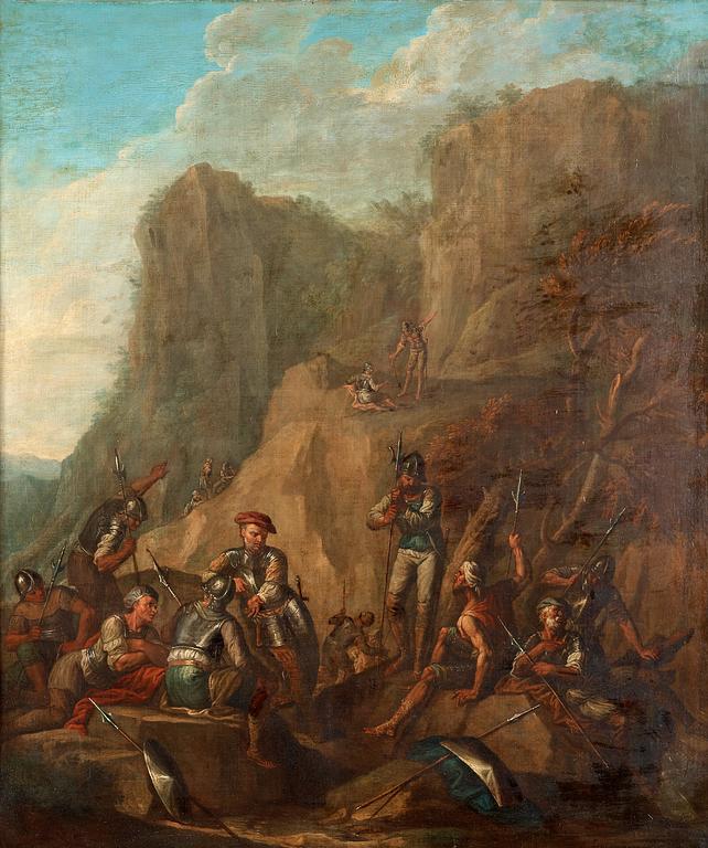 Salvator Rosa Follower of, Soldiers in a mountain landscape.