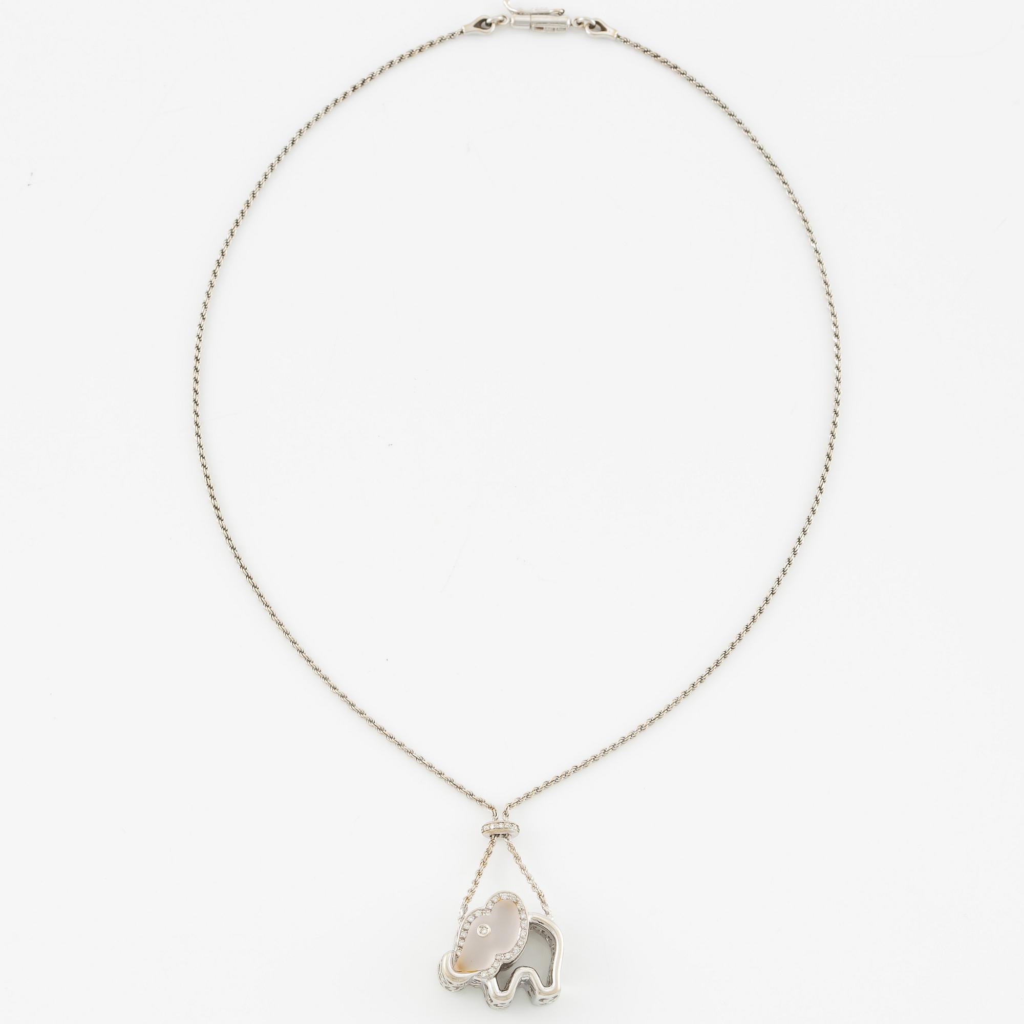 Necklace in 18K white gold with a white stone likely rock crystal and round brilliant-cut diamonds, in the shape of an elephant.