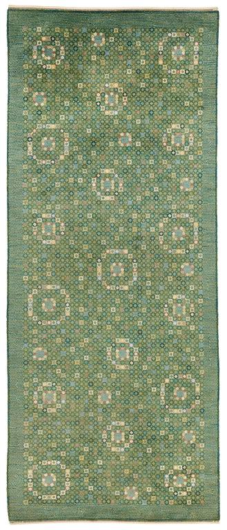Barbro Nilsson, matto, "Bankrabatten grön", knotted pile, ca 502-504 x 202,5-207 cm, signed AB MMF BN.