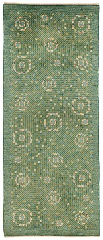 Barbro Nilsson, a carpet, "Bankrabatten grön", knotted pile, ca 502-504 x 202,5-207 cm, signed AB MMF BN.