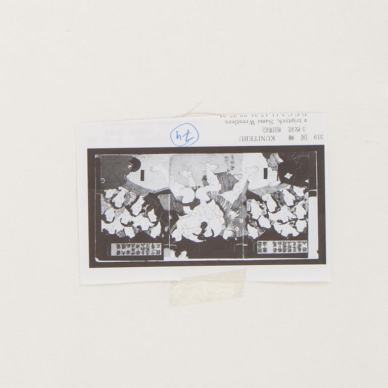 UTAGAWA KUNITERU (1830-1875), triptych, color woodblock print. Japan, 19th century. 'Sumo Wrestlers'.