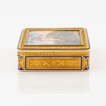 A probably Swiss 19th century two colour gold snuff box with enamel, unidentified maker's mark.