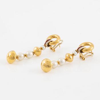 Earrings, a pair, 18K gold, enamel and cultured pearls, Italy.