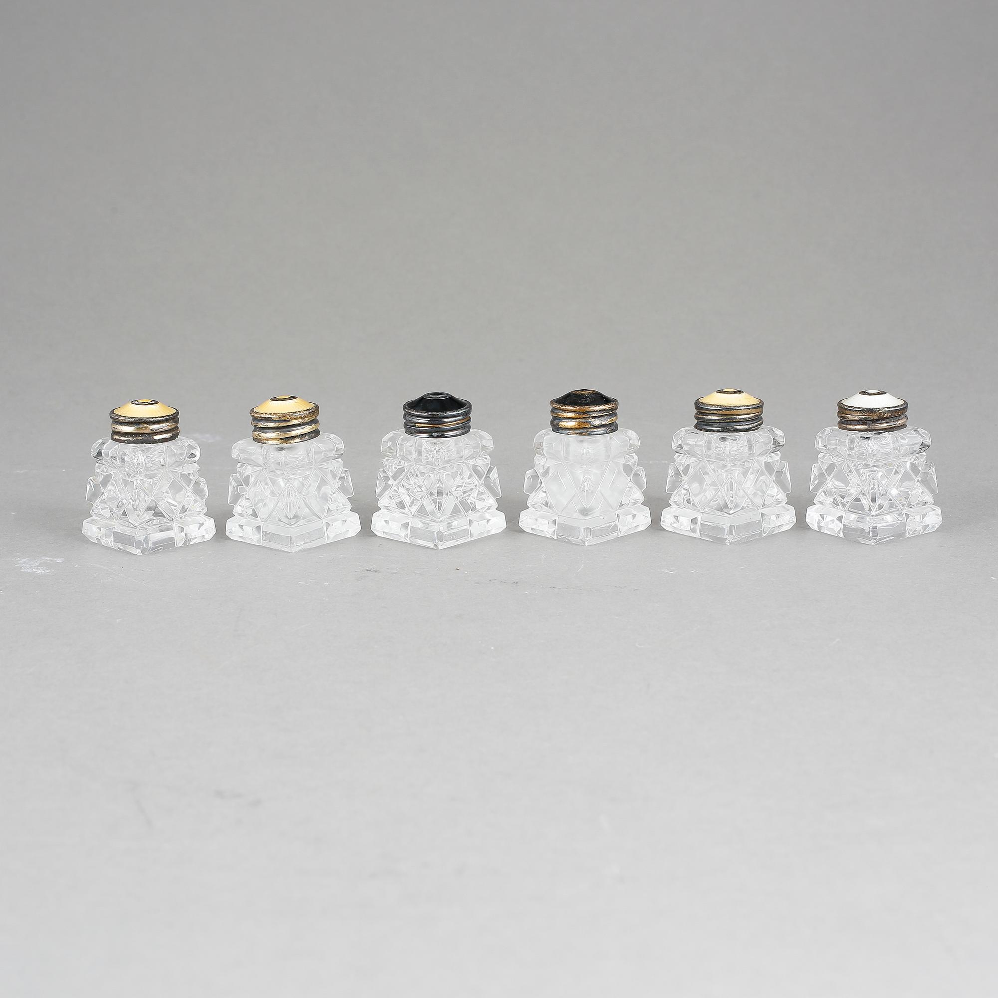 STRÖARE, 6 stycken, glas och emaljerat sterlingsilver, Norge, 1900-talets mitt.