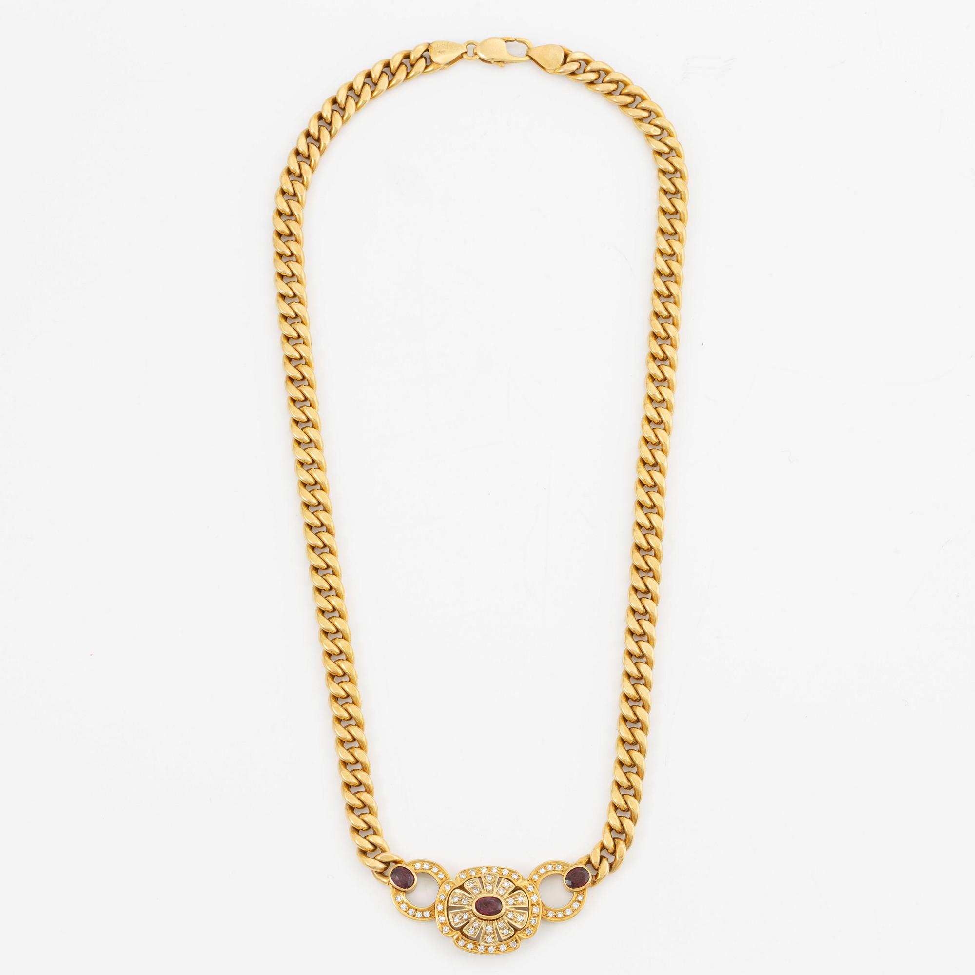 Necklace in 14K gold with faceted rubies and eight-cut diamonds.