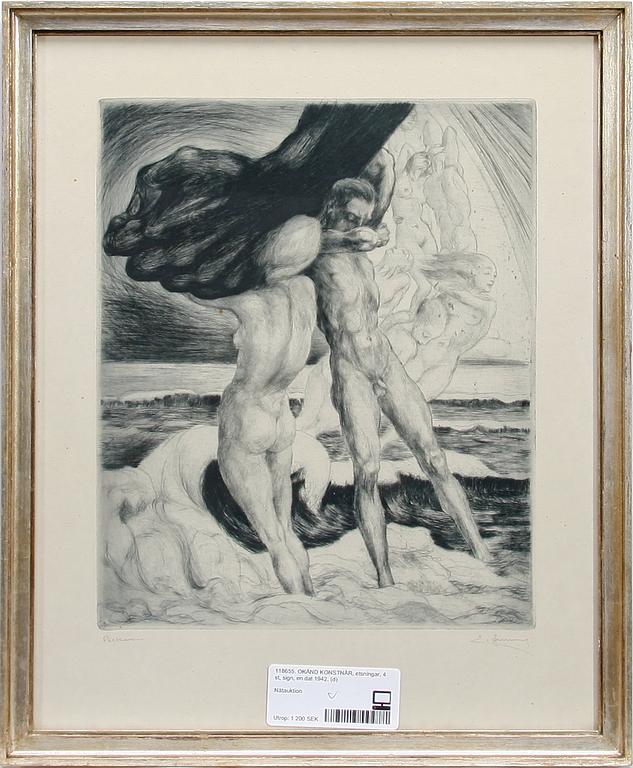 OKÄND KONSTNÄR, etsningar, 4 st, sign, en dat 1942.