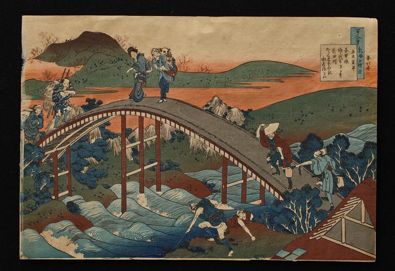 TRÄSNITT, 3 st, Japan. Kuniyoshi, Kunichika samt Hokusai. 1800-tal.