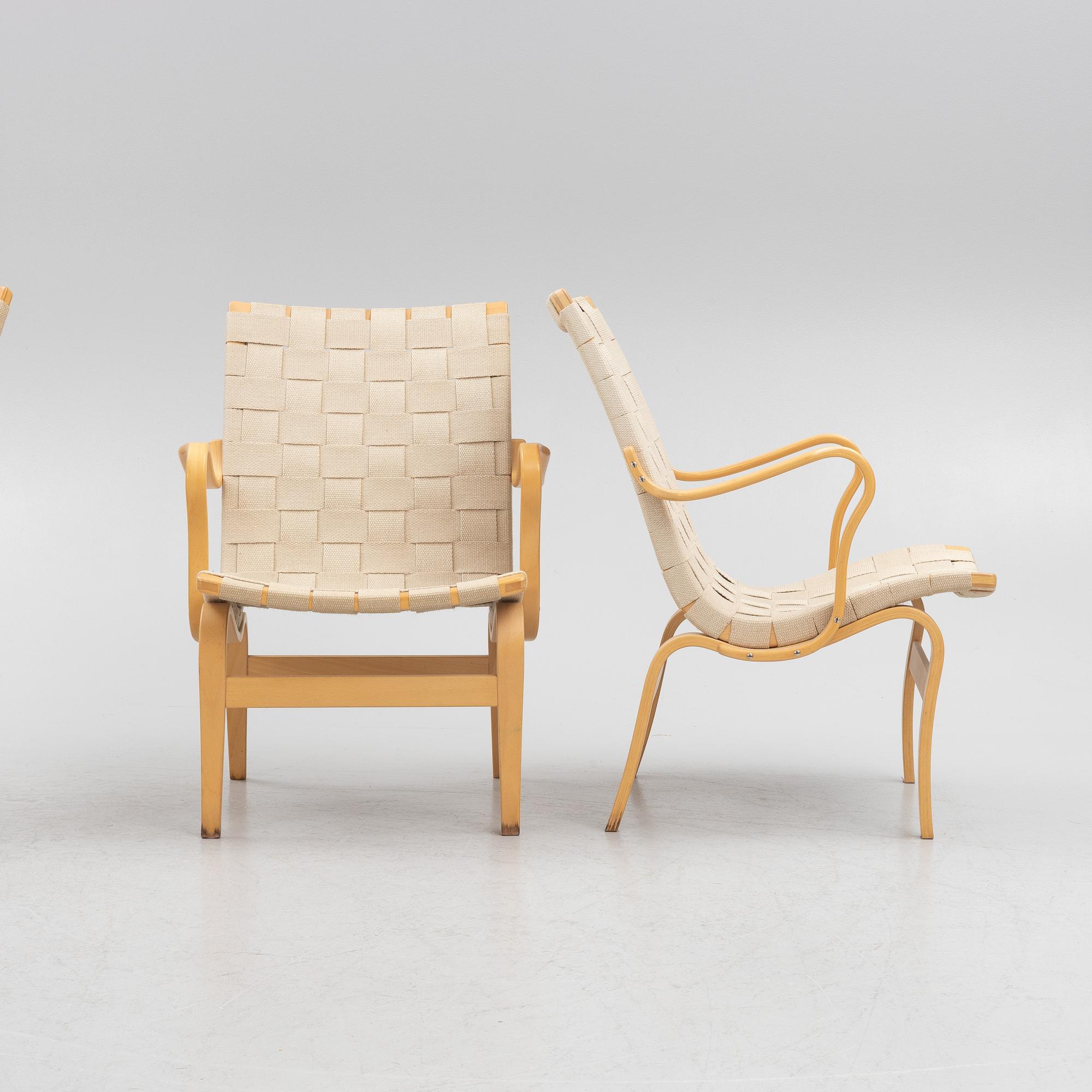 Bruno Mathsson, armchairs, 3 pcs, "Eva", Dux, late 20th century.