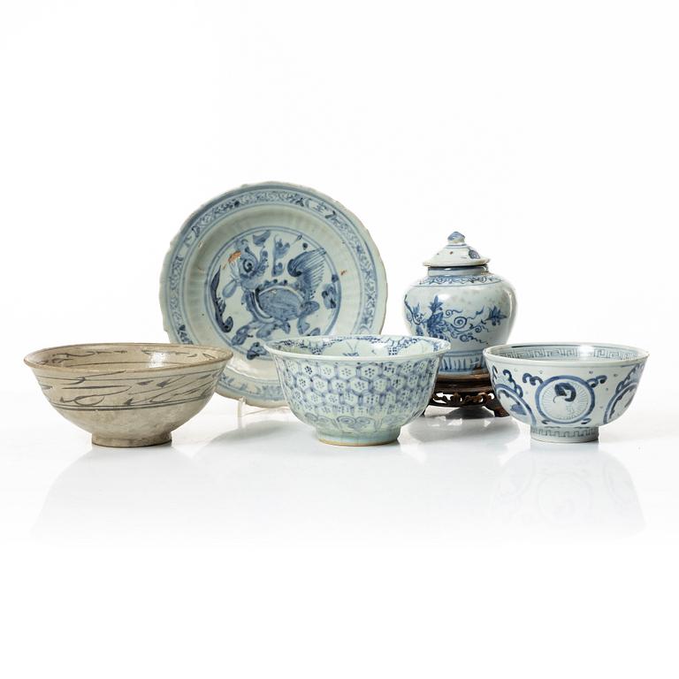 A group of blue and white porcelain, Ming dynasty (1368-1644).