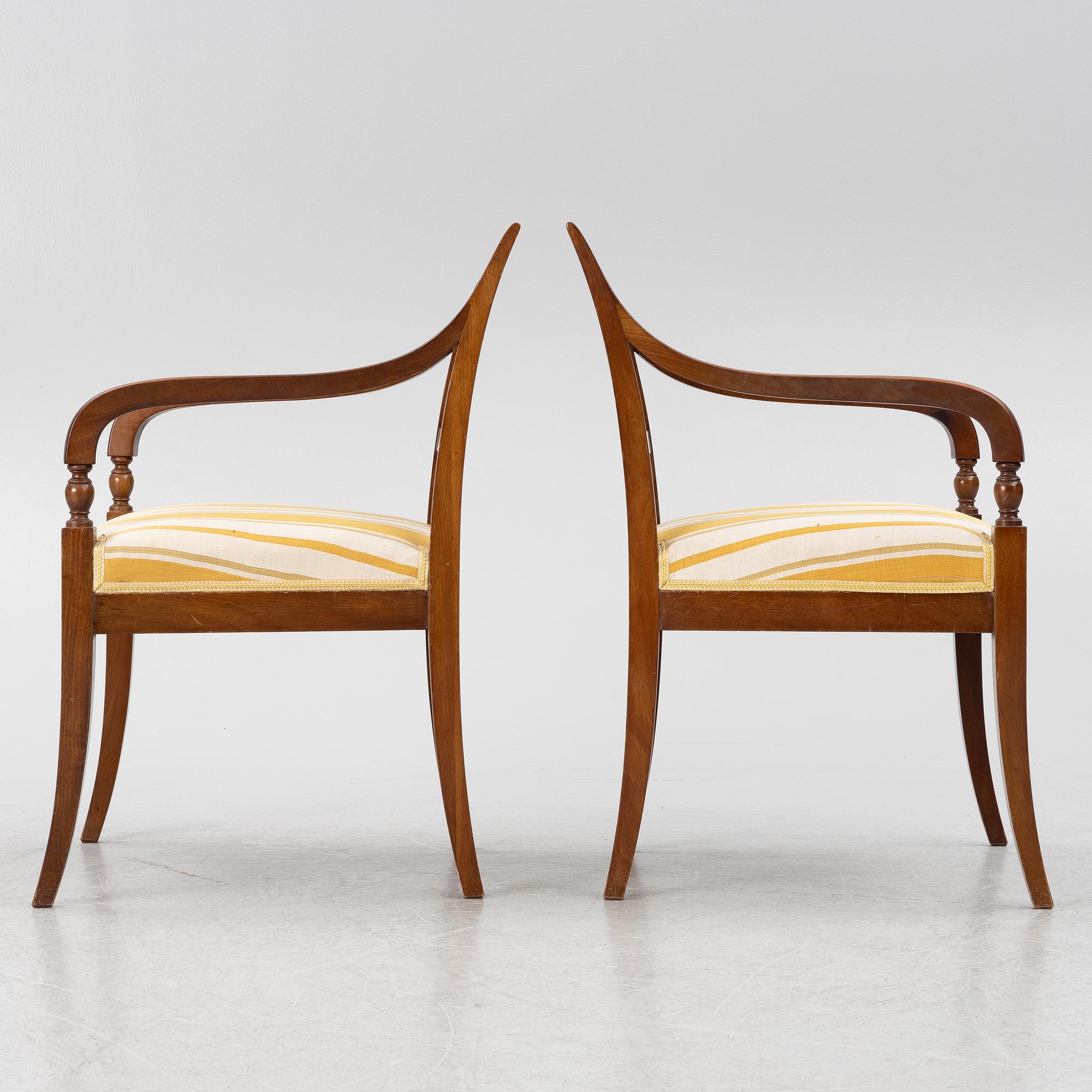 Karmstolar, ett par, empire, Sydsverige, 1800-talets första hälft.