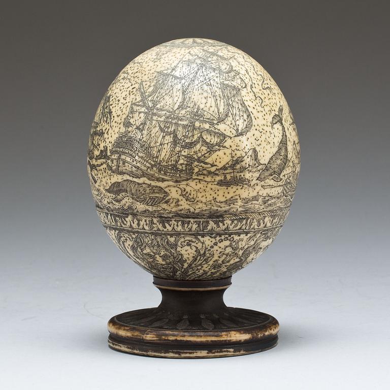 DEKORERAT STRUTSÄGG,  Scrimshaw, 1900-tal.