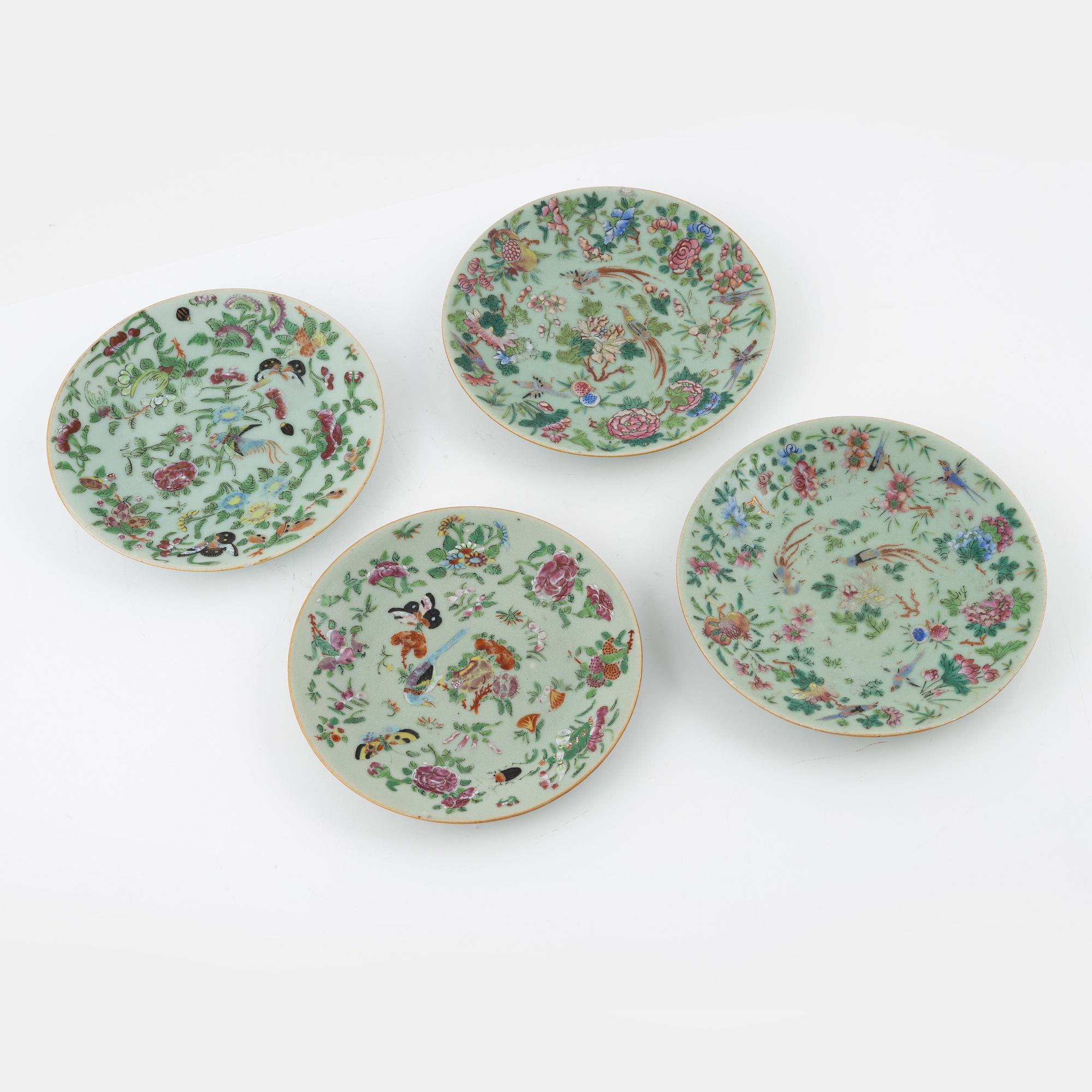 Five porcelain plates and a dish, China, Qing Dynastu, 19th century.