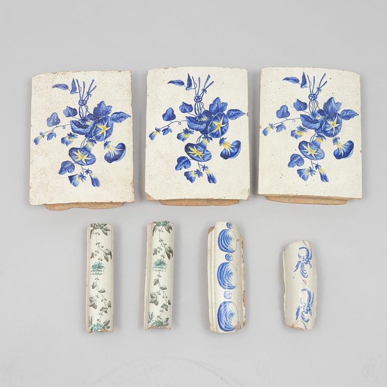 Seven faiance parts for a Masonry heater, 18th century.