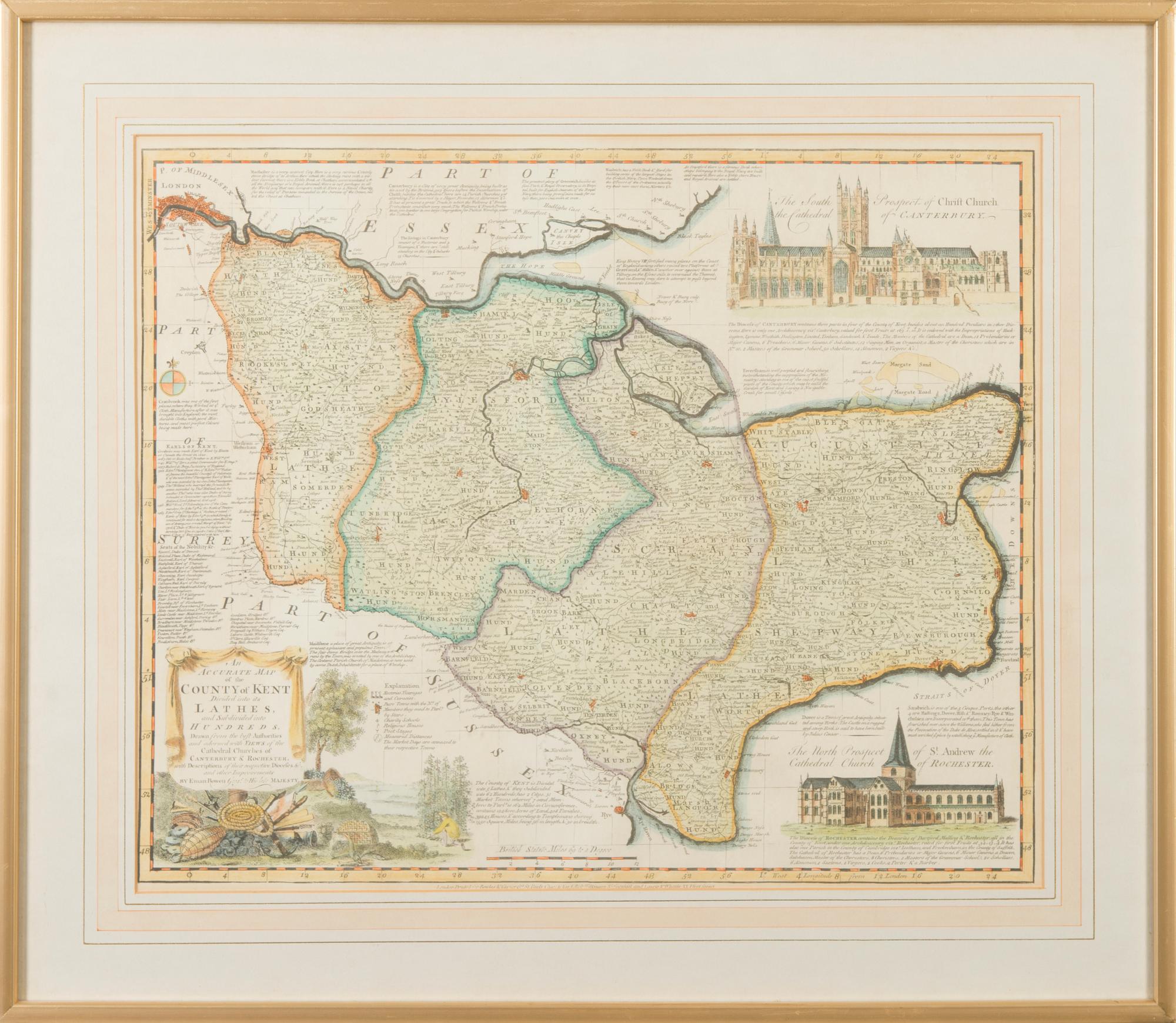 KARTA, "An accurate map of the county of Kent", England 1700-tal.
