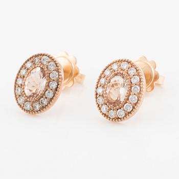 A pair of earrings in 14K rose gold with faceted morganite and round brilliant-cut diamonds.