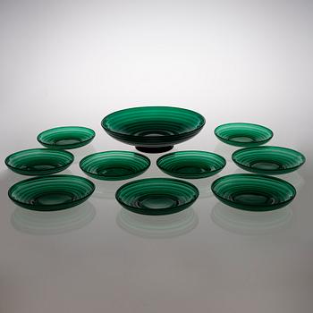 1930s 'Bölgeblick' bowl and set of nine glass dishes for Karhula Glassworks.