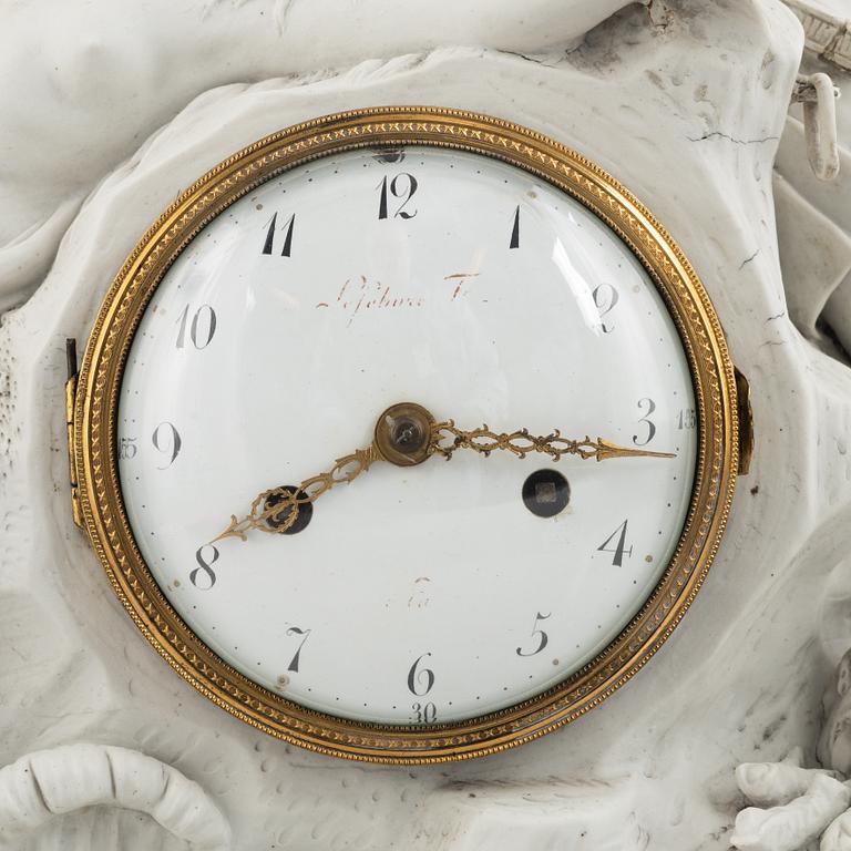 A French Louis XVI bisquit porcelain and ormolu-mounted figural mantel clock, late 18th century.